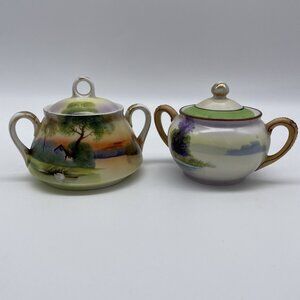 2–Nippon Hand-Painted Sugar Bowls Lids Moriage Detail & Water Scene Gold Gild